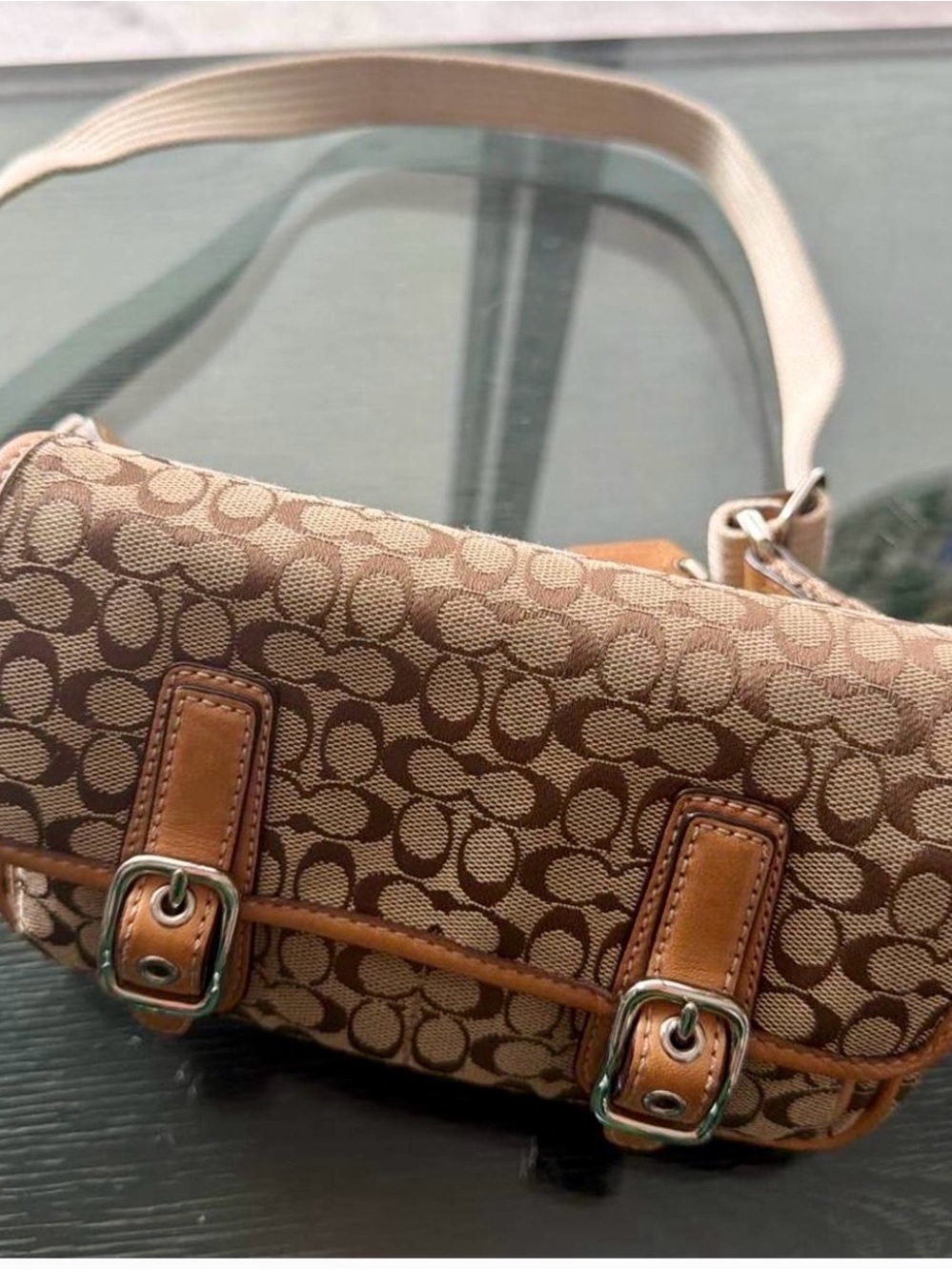 Coach Brown Signature Canvas  Bag with Tan Leather Trim,vintage from the 2000’